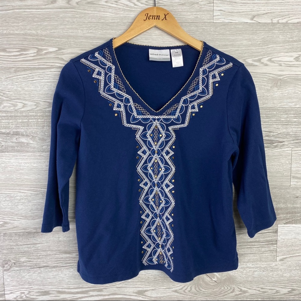 Alfred Dunner Dark Blue Embellished Blouse